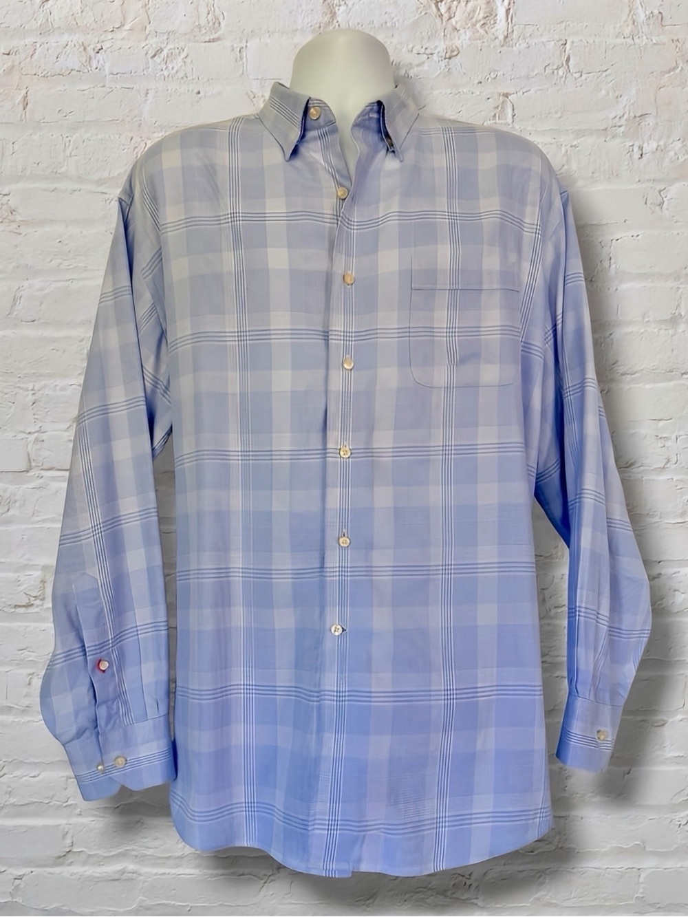 Tommy Bahama Men 17.5 34/35 Blue Plaid Long Sleeve Button Down Shirt